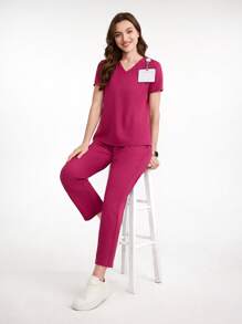 Scrubzie Solid Color Short Sleeve & Long Pants Scrub Uniform Set - Red Violet - View 3