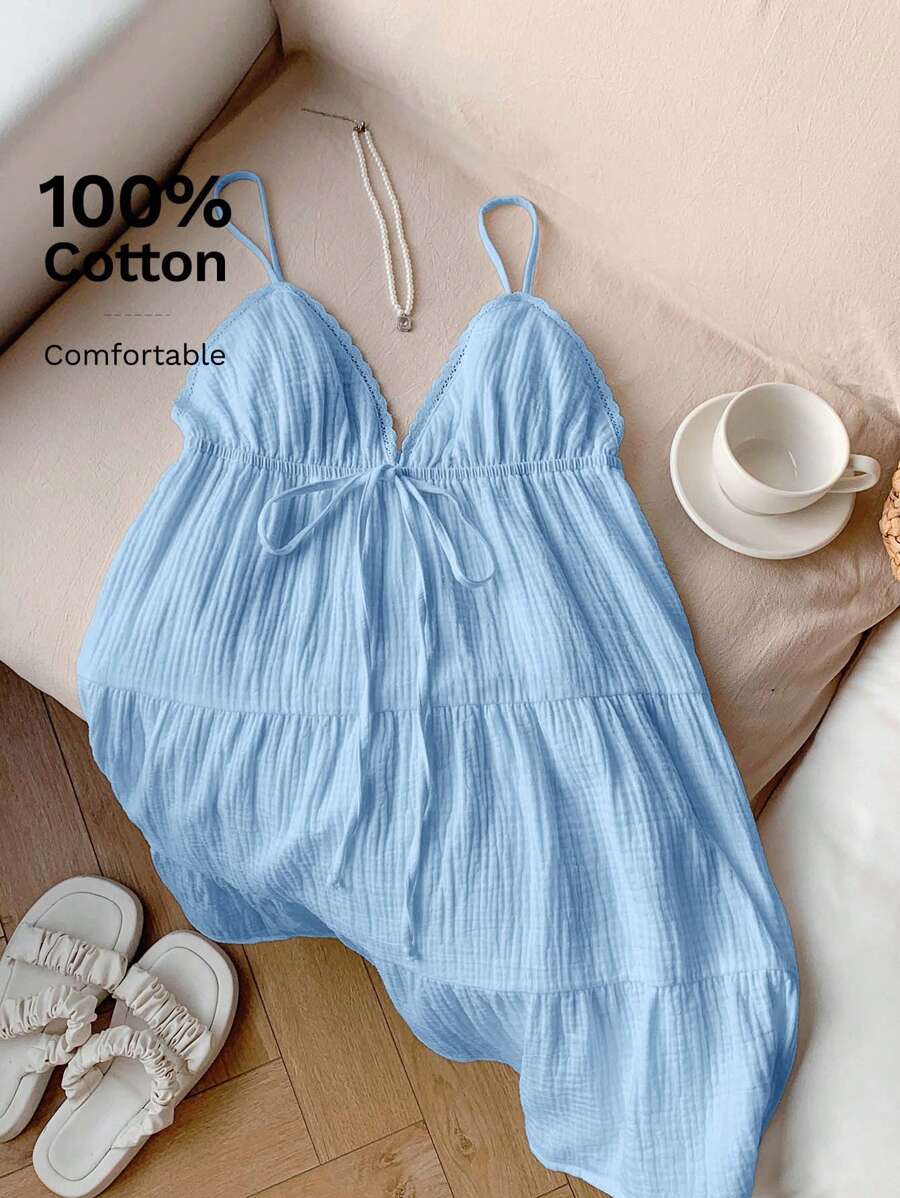 Comfortcana 女式夏季纯色腰带休闲吊带背心蓝色迷你连衣裙 - 藍色 - 查看 1