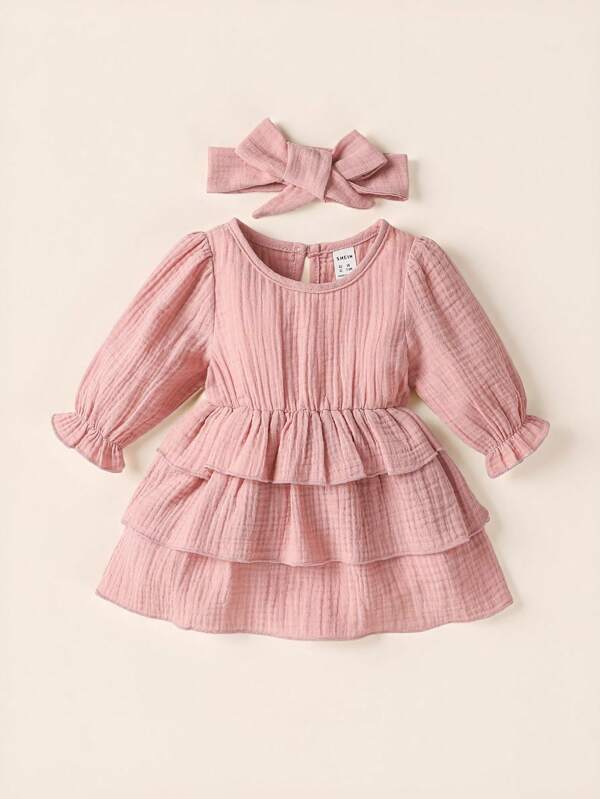 SHEIN Baby Girl Newborn Flounce Sleeve Layered Hem Babydoll Dress With Headband