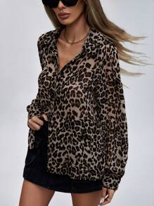 Aveloria Affinna Elegant Sheer Chiffon Long Sleeve Collared Button-Down Leopard Print Blouse Elegant Business Casual Women Button Up Shirt Women  Fall Cloth For Women