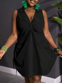 Slaydiva 优雅休闲通勤派对约会性感修身纯色锈红色无袖褶皱扭结腰带后腰抽绳连衣裙，大码，春夏款，女士吊带裙 - 黑色 - 查看 5