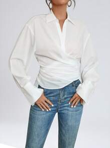 Aveloria Modichic Camisa informal de viaje con nudo trasero en tela sólida - Blanco - Ver 4