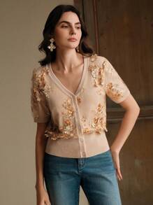 Anewsta 全新蕾丝刺绣3D花卉优雅现代浪漫短款针织开衫外套