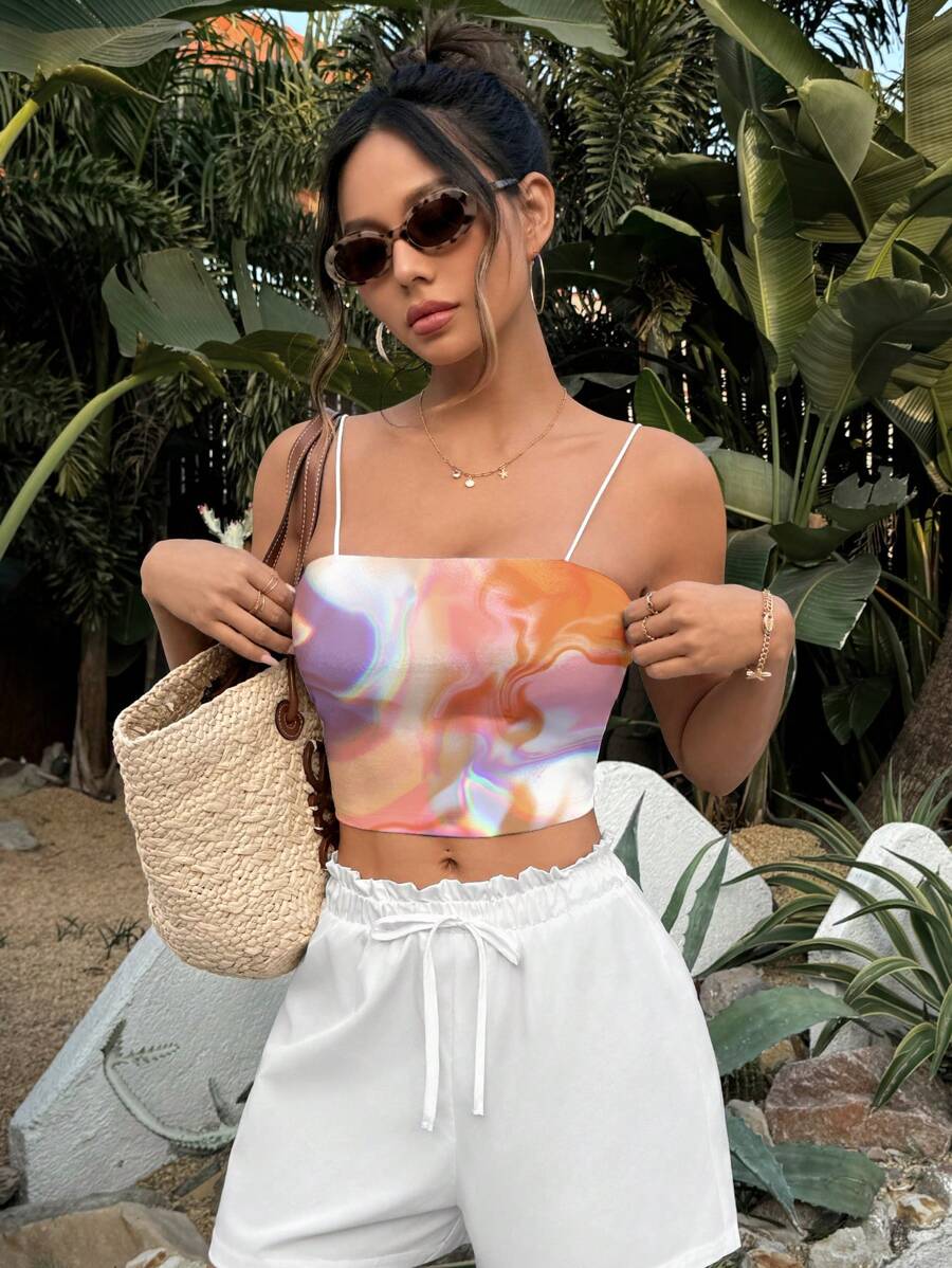 SV Pattern Studio Women's Marble Tie Dye Floral Printed Fitted Cami Tank Top For Summer - Pink - View 1