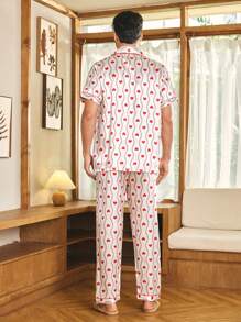 SHEIN Men's Satin Heart Wavy Printed Lapel Cardigan Pajama Set - Multicolor - View 2