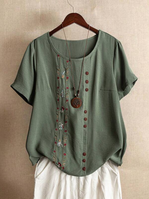 Linhara Camisa de manga corta con cuello redondo, cómoda, con bordados y decoración de botones, para mujer talla grande, primavera/verano