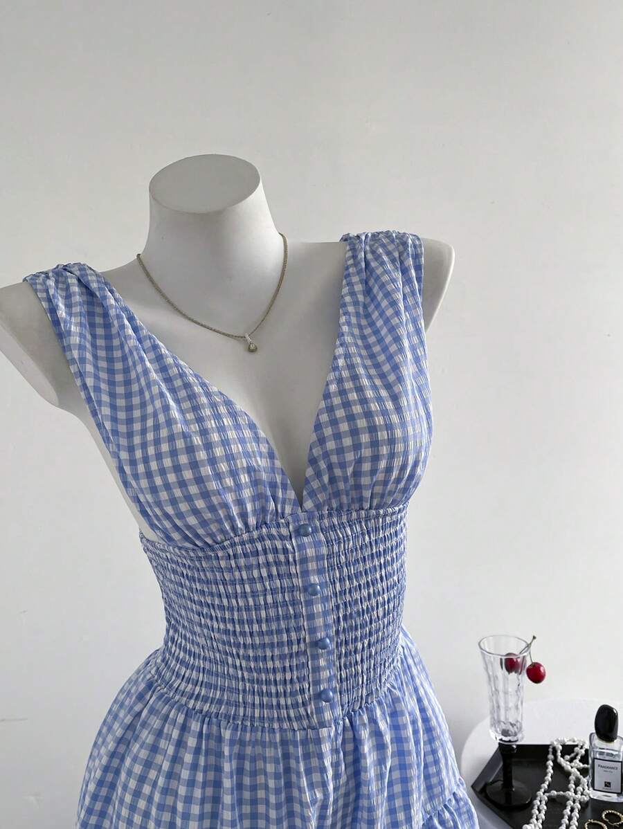 Elamini Blue Plaid V-Neck Jumpsuit With Waist Cinch, Spring/Summer - Blue - View 1