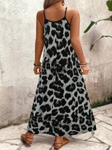 SHEIN Holidaya Plus Size Women Leopard Print Flowy A-Line Loose Dress, Casual Vacation Daily Wear Spaghetti Strap Long Dress - Grey - View 2