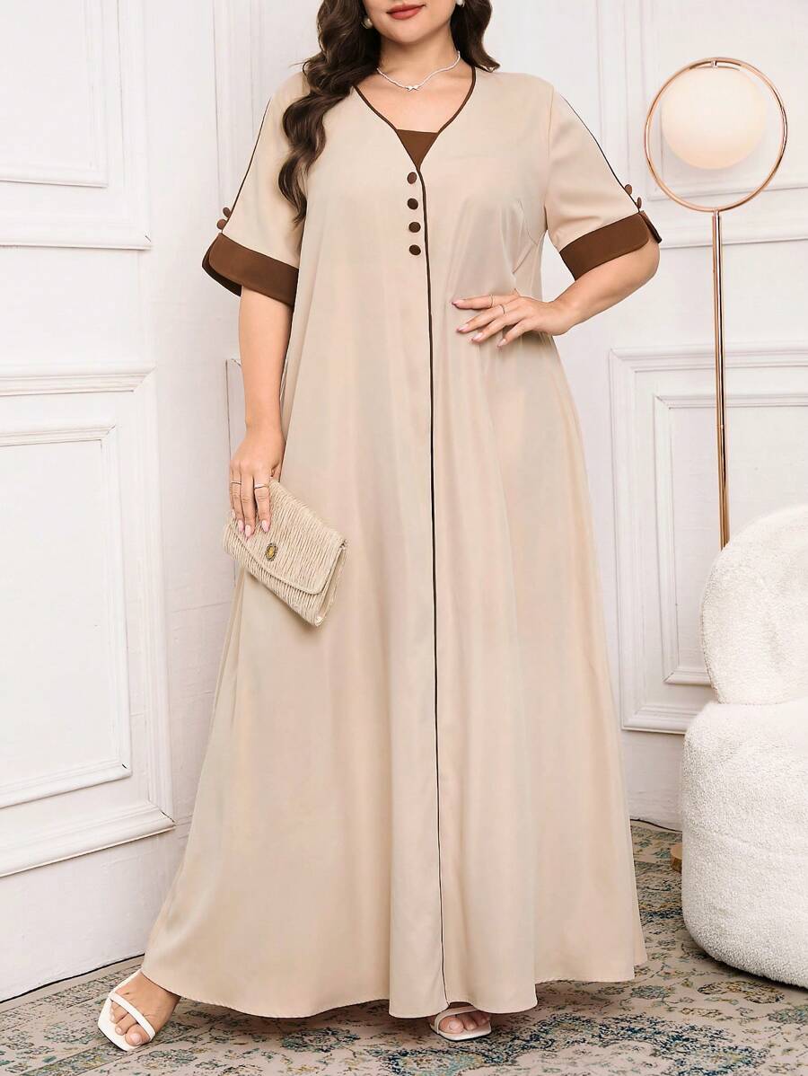 Al Najma 大码女式休闲撞色短袖阿拉伯风连衣裙 - 彩色 - 查看 1