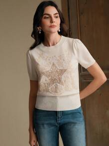 Anewsta Elegant, Casual, Easter, Festival, Vacation Outfits For Women, Vintage-Inspired Star Embroidery Chic Modern Short Sleeve Top, T-Shirt, Blouse For Spring & Summer Festival, Graduation