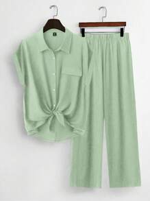 Linhara Plus Size Women Solid Button Knot Shoulder Puff Sleeve Blouse And Straight Loose Summer 2pcs Set - Green - View 1