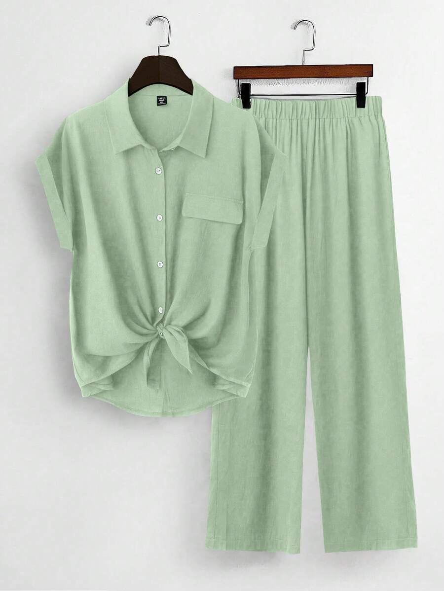 Linhara Plus Size Women Solid Button Knot Shoulder Puff Sleeve Blouse And Straight Loose Summer 2pcs Set - Green - View 1