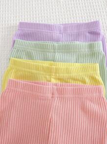 Cozy Pixies 4pcs Baby Girls' Solid Color Knit Soft Elastic Waist Casual Shorts Set - Pink - View 4
