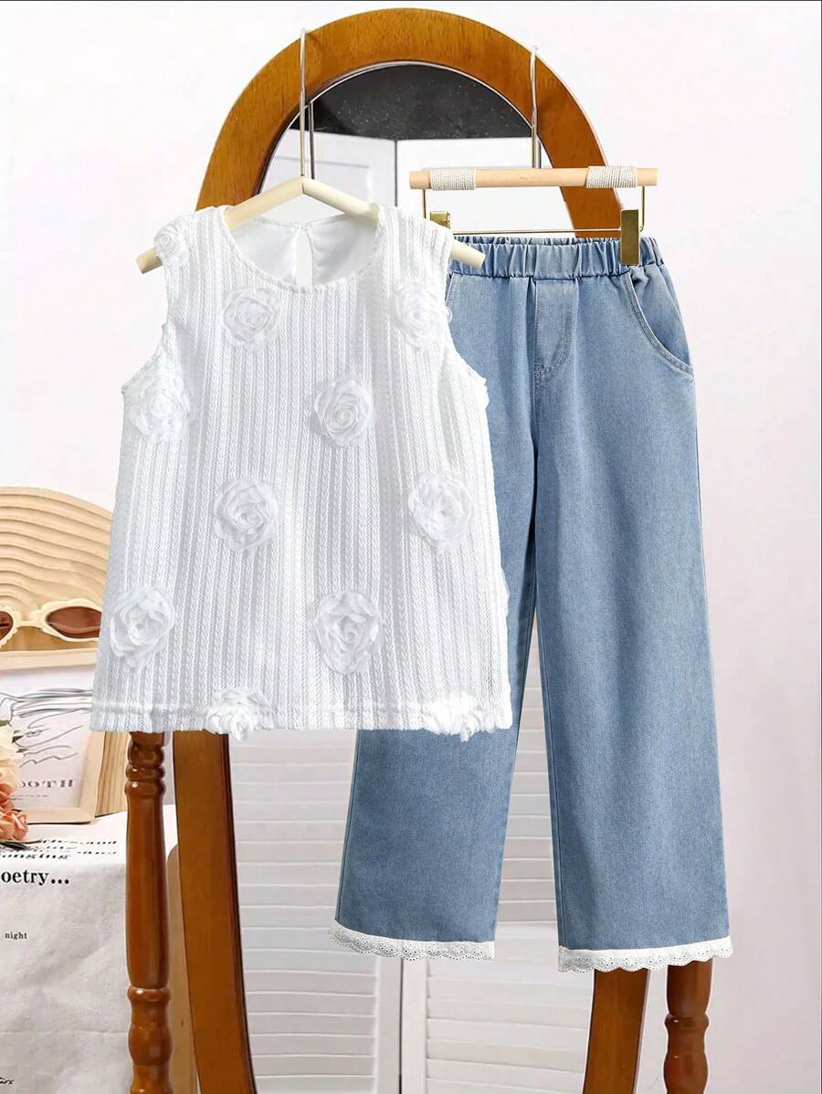 2pcs Tween Girls Textured Floral Top And Blue Denim Flared Pants Set - Multicolor - View 1