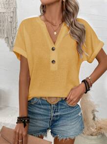 SHEIN VCAY CURVE New Plus Size Women Casual Loose V-Neck Button Short Sleeve T-Shirt