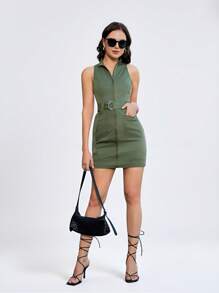 GENKIRA 无袖前拉链休闲女装连衣裙女士优雅连衣裙 - 軍綠色 - 查看 9