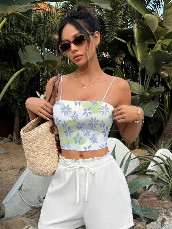 GIOIA TANG Camiseta de tirantes ajustada con estampado floral de tinturas de colores para el verano, apta para el verano