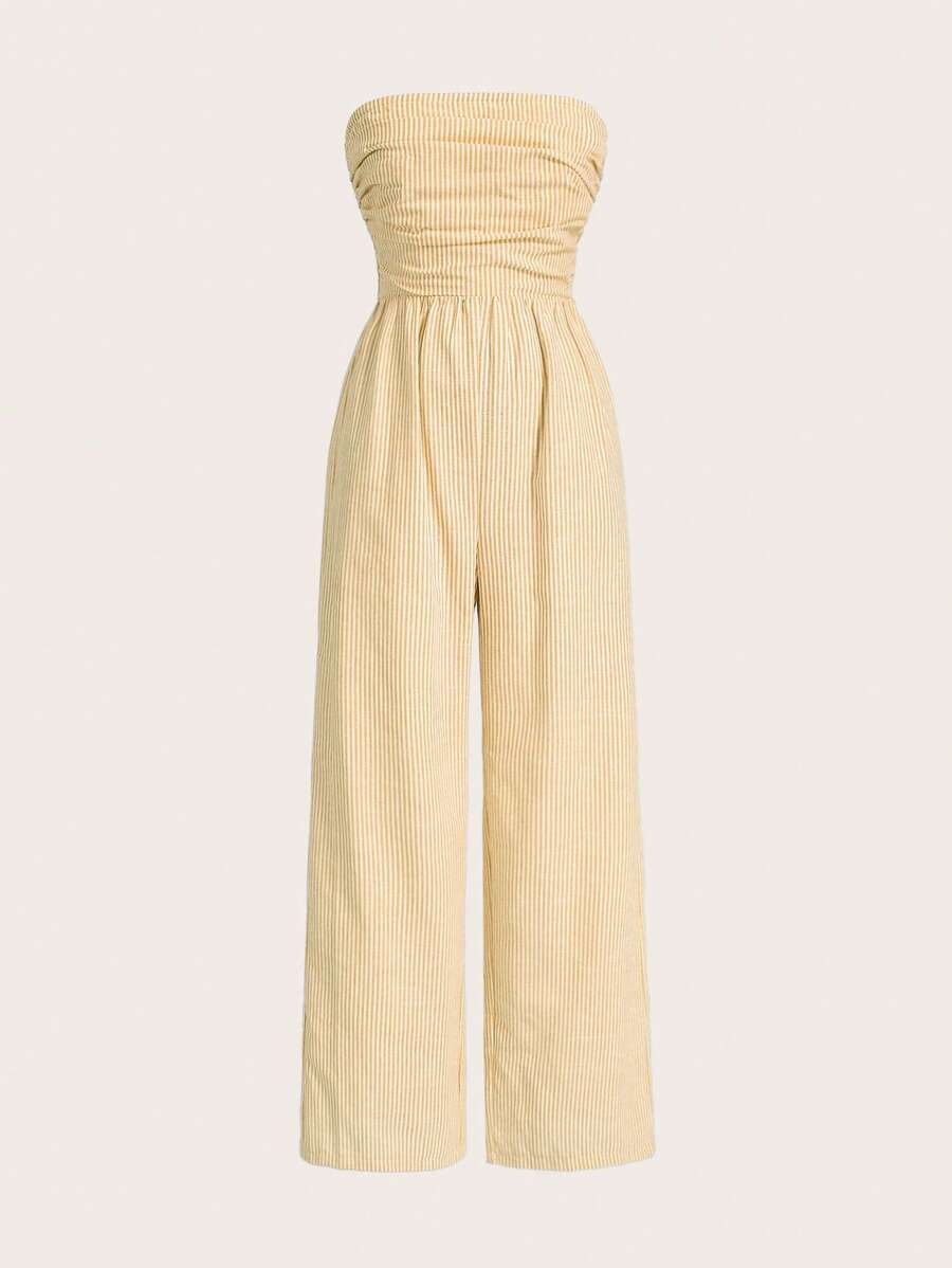 SHEIN EZwear 女士休闲条纹吊带背心连体裤，夏季 - 黃色 - 查看 1