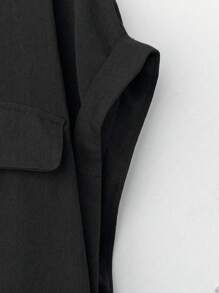 Linhara 大码女式纯色纽扣打结肩袖衬衫和直筒阔腿裤夏季两件套 - 黑色 - 查看 3