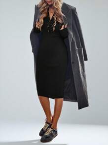 Aveloria Modichic Vestido de suéter de manga larga de corte ajustado con decoración de botones con estilo vintage elegante para dama - Negro - Ver 4