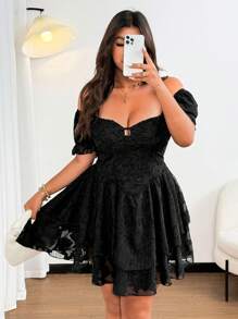 Sunnyshic Plus Size Jacquard Weave Puff Sleeve Elegant Resort Dress