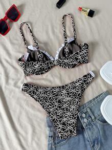 Swim Vcay Springbreak Floral Textured Wireless 2pcs Bikini Set For Women, Sweet Casual Beach Pool Party Swimsuit With Triangle Ruched Swim Bottoms For Summer Beach Vacation - Black - View 6