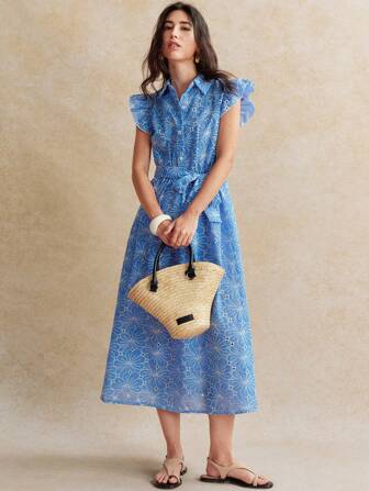 Écloséra Fashionable Everyday Versatile Floral Embroidered Hollow Collar Ruffle Sleeve Open Front Mid-Length Dress For Women, Spring/Summer