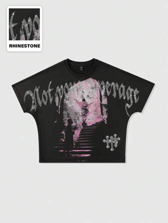 Street Life Maglietta da uomo a girocollo, maniche corte, con stampa di lettere in strass, vestibilità ampia