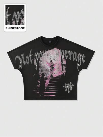 Street Life Camiseta de manga corta con cuello redondo, de corte holgado, con estampado de letra de rhinestones para hombre