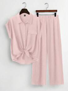 EMERY ROSE 2pcs/Set Women Plus Size Solid Color Knotted Shoulder Sleeve Shirt & Loose Straight Pants Summer Outfits - Pink - View 6