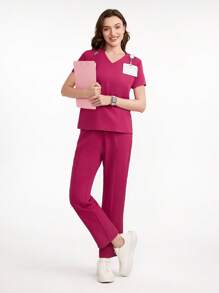 Scrubzie Solid Color Short Sleeve & Long Pants Scrub Uniform Set - Red Violet - View 1