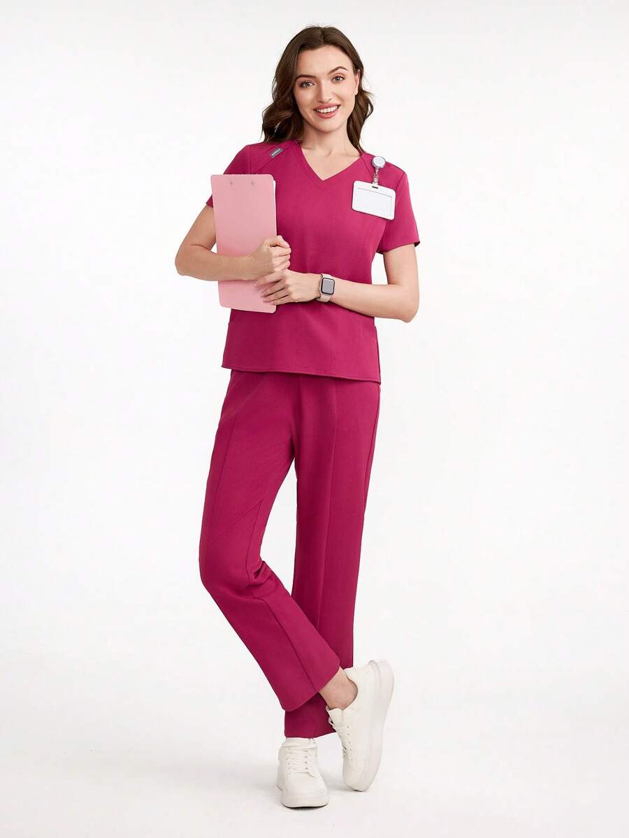 Scrubzie Solid Color Short Sleeve & Long Pants Scrub Uniform Set - Red Violet - View 1