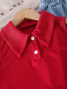 Elladie kids Girls' Vintage Polo Collar Fitted Wine Red Tank Top & Elastic Waist Loose Long Floral Embroidery Denim Pants Set, Casual & Fashion Holiday  Travel  Summer  Relax Summer Holiday - Burgundy - View 7