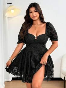 Sunnyshic Plus Size Jacquard Weave Puff Sleeve Elegant Resort Dress