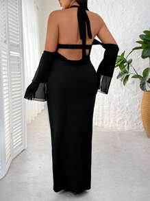 SHEIN PETITE CURVE Plus Size Women Solid Halter Backless Tied Strap Off Shoulder Elegant Maxi Dress Fall Cloth For Women - Black - View 2