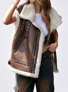Aveloria Affinna Fashionable Fluffy-Trimmed Fleece Patchwork Thicken Vest Jacket Faux Leather Aviator Jacket With Borg Lining 