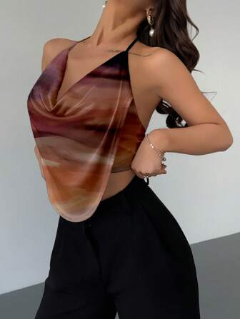 Firerie Summer New Casual Minimalist Brown Abstract Tie Dye Pattern Women Camisole Tank Top, Suitable For Summer/Vacation/Music Festival Suitable For Going Out