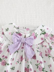 Cozy Pixies 2pcs/Set Baby Girl Floral Pattern Peter Pan Collar Puff Sleeve Cardigan Shirt And Solid Color Elastic Waist Shorts Set - Purple - View 4