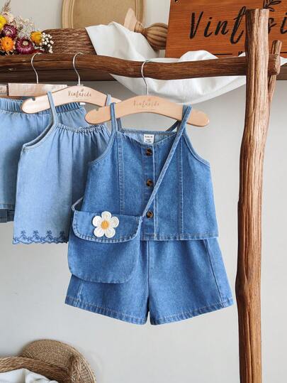 SHEIN Vintaside Kids Babygirl Baby Girl Summer Sleeveless Fashion Denim Camisole Top Paired With Versatile Casual Wash Denim Shorts Set, Suitable For Summer Travel, Beach Play, Or Attending Friend Gatherings