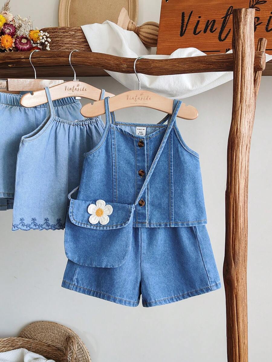 SHEIN Vintaside Kids Babygirl 女婴夏季无袖时尚牛仔吊带背心搭配百搭休闲水洗牛仔短裤套装，适合夏季旅行、沙滩游玩、参加朋友聚会 - 藍色 - 查看 1