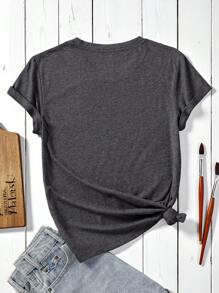 SHEIN LUNE Áo thun nữ cỡ lớn họa tiết bầu trời đầy sao và mèo cam thường ngày - Màu xám đen - Xem 2