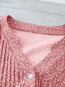 Linhara Plus Size Women Polka Dot V-Neck Ruched Puff Sleeve Blouse - Pink - View 4