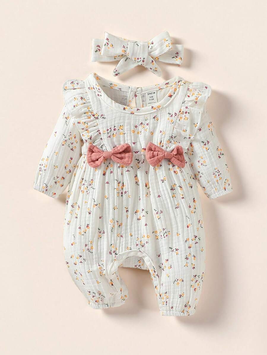 Souflis Souflis Baby Girl Newborn Ditsy Floral Ruffle Trim Bow Front Jumpsuit With Headband - White - View 1