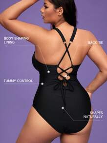 Shapewave Plus Size Women's One-Piece Solid Black Sexy Backless Comfortable Swimsuit, Suitable For Beach Vacation For Summer