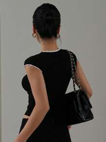 DAZY 女式串珠蕾丝边盖袖针织 T 恤，夏季 - 黑色 - 查看 2