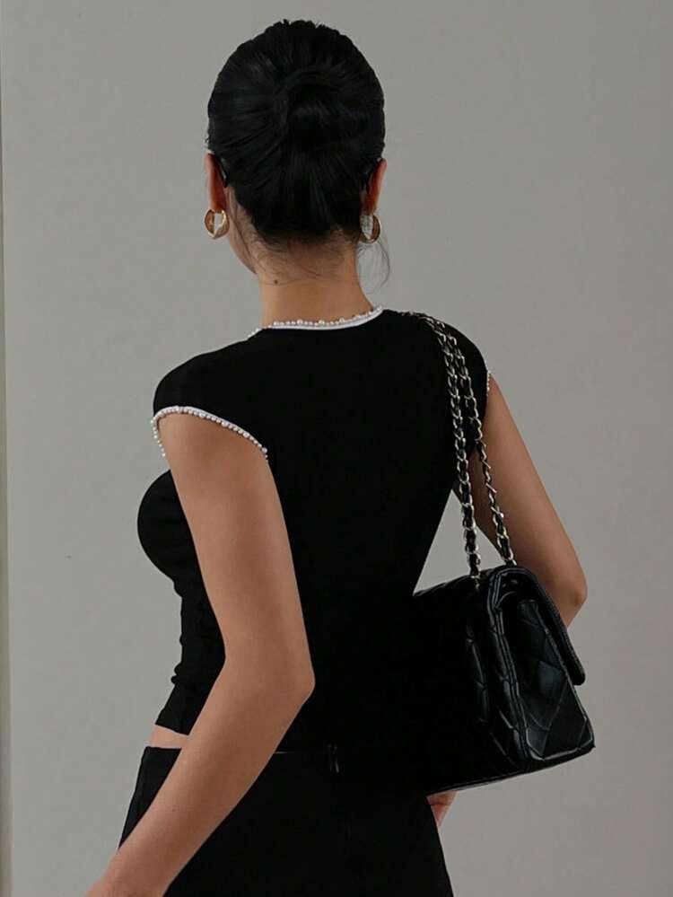 Women's Beaded Lace Trim Cap Sleeve Knit Tee Shirt, Summer