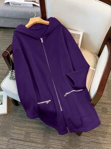 SHEIN Clasi 大码休闲纯色拉链羊毛连帽大衣