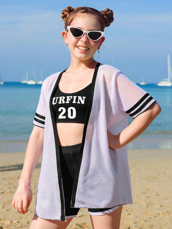 SHEIN Tween Girls Bikini Sets Black Girls Swimsuit 4 Piece Black Girls Swimsuit 4 Piece Set With Smock Bikini Set Plus Shorts Monogram Print Knit Fabric Sports Youth Big Girls Swimsuit Set 4 Piece Beach Swimsuit Party Swimsuit