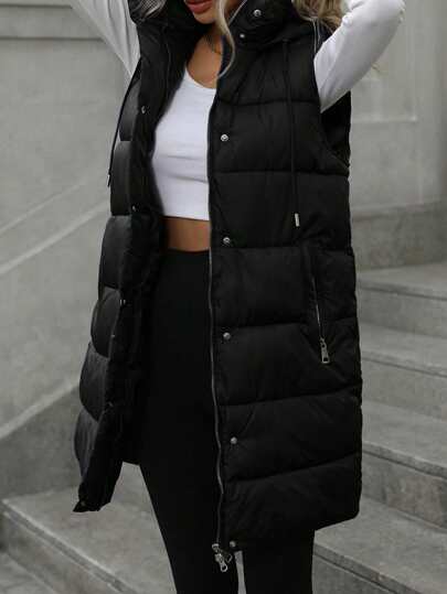 Aveloria Modichic Women's Solid Color Mid-Long Hooded Button VestPadded Insulated Polyfill Synthetic Insulation Winter Coat Winter Jacket Jacket,Fashionable, Sleeveless, Winter Clothes