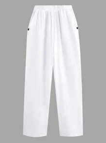 SHEIN PETITE Plus Size Women's Elegant Regular Fit White Pants With Pockets, New Summer Casual Elastic Waist Pleated Trousers